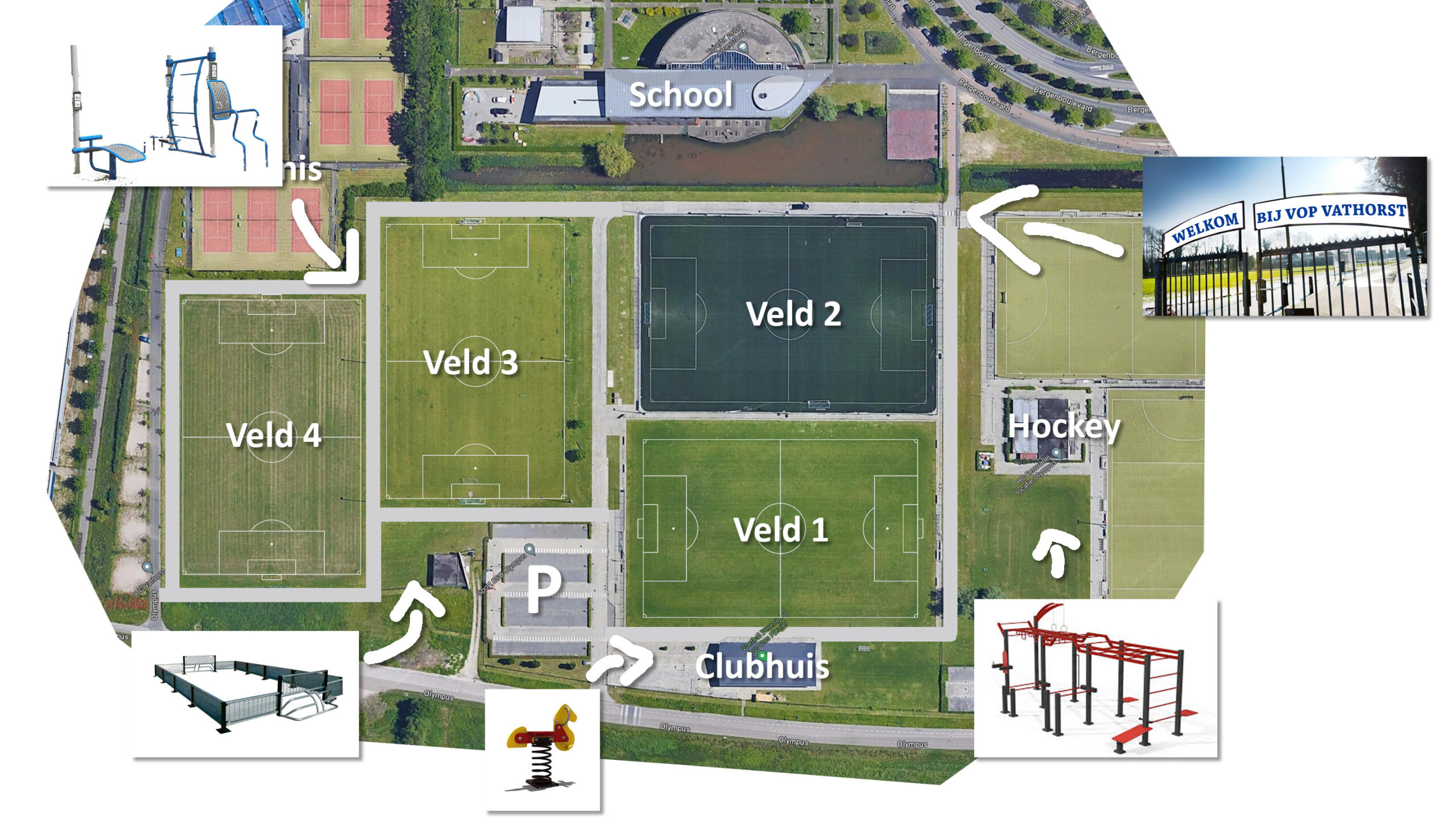 Een open sportpark, met een poort naar de wijk en verschillende toevoegingen om actief en sportief bezig te zijn.
